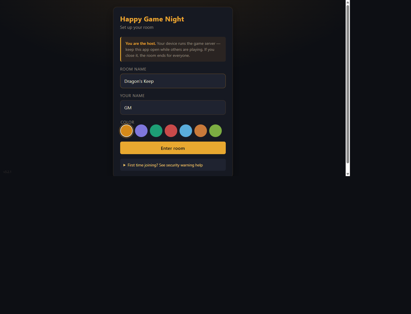 The Create Session screen