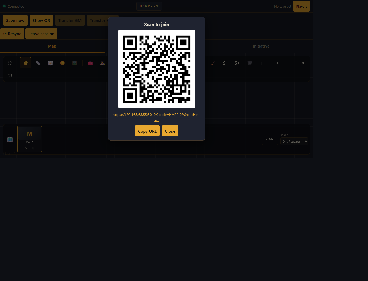 The QR code / session code invite view